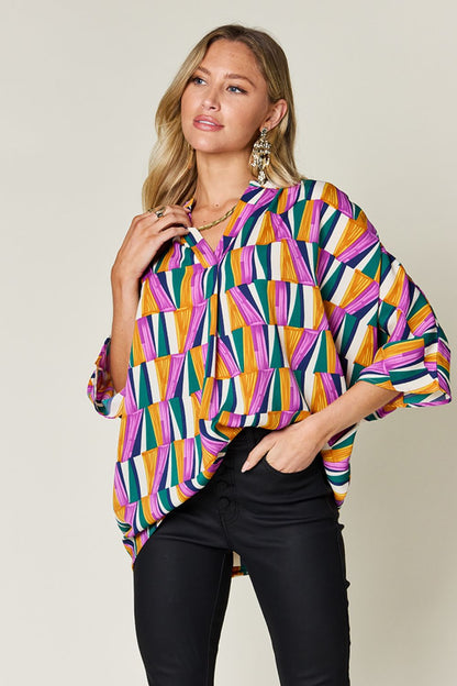 Double Take Full Size Geometric Notched Raglan Sleeve Blouse - Jaazi Intl