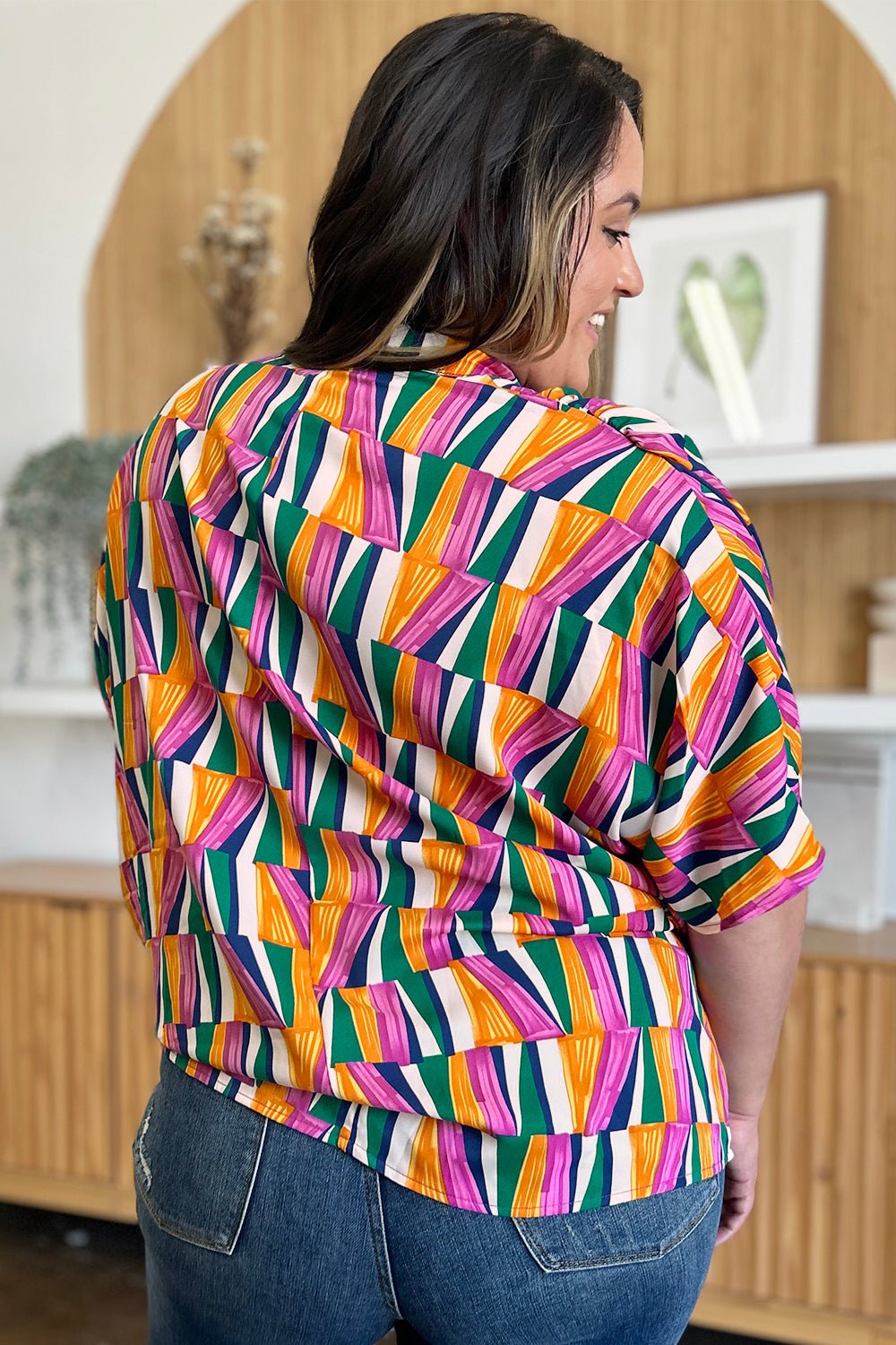 Double Take Full Size Geometric Notched Raglan Sleeve Blouse - Jaazi Intl