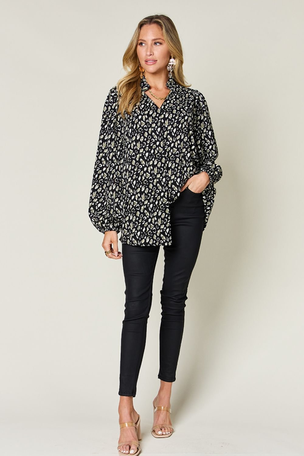 Double Take Full Size Leopard Long Sleeve Blouse - Jaazi Intl