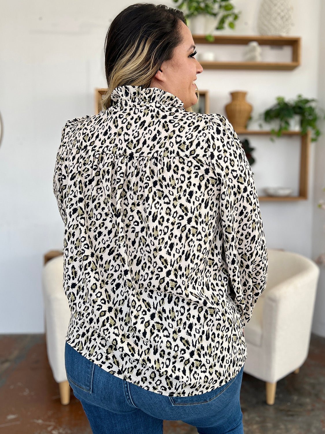 Double Take Full Size Leopard Long Sleeve Blouse - Jaazi Intl