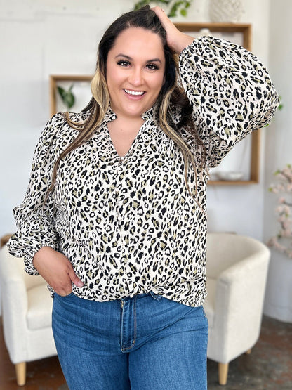 Double Take Full Size Leopard Long Sleeve Blouse - Jaazi Intl