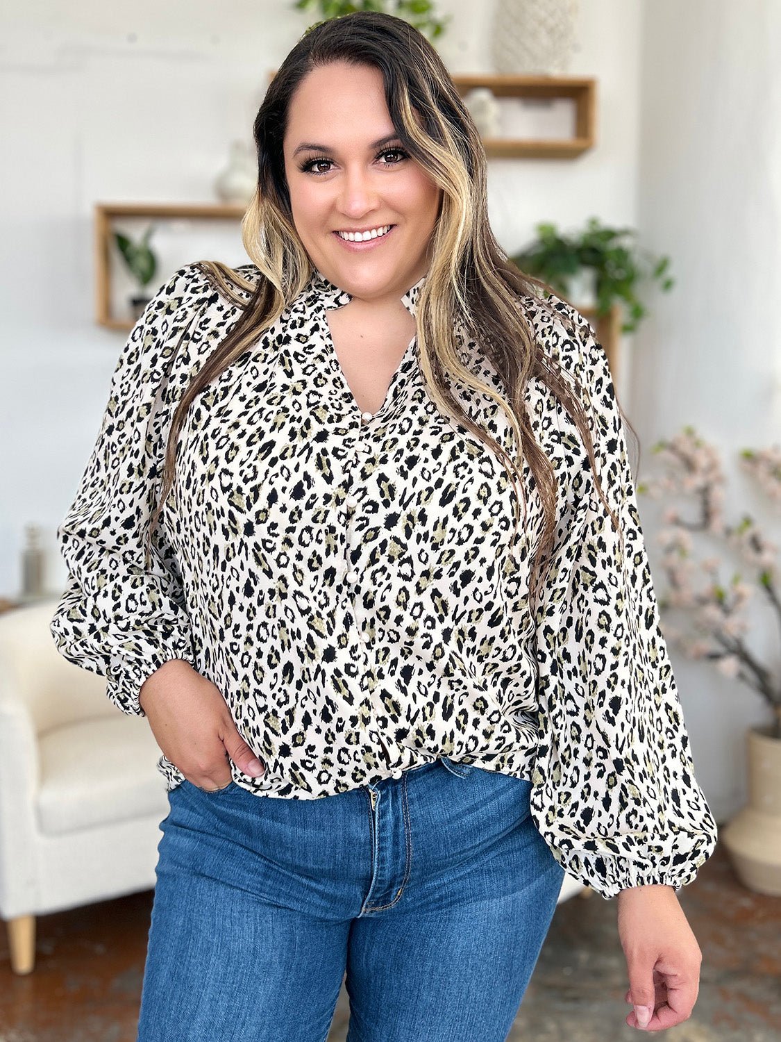 Double Take Full Size Leopard Long Sleeve Blouse - Jaazi Intl