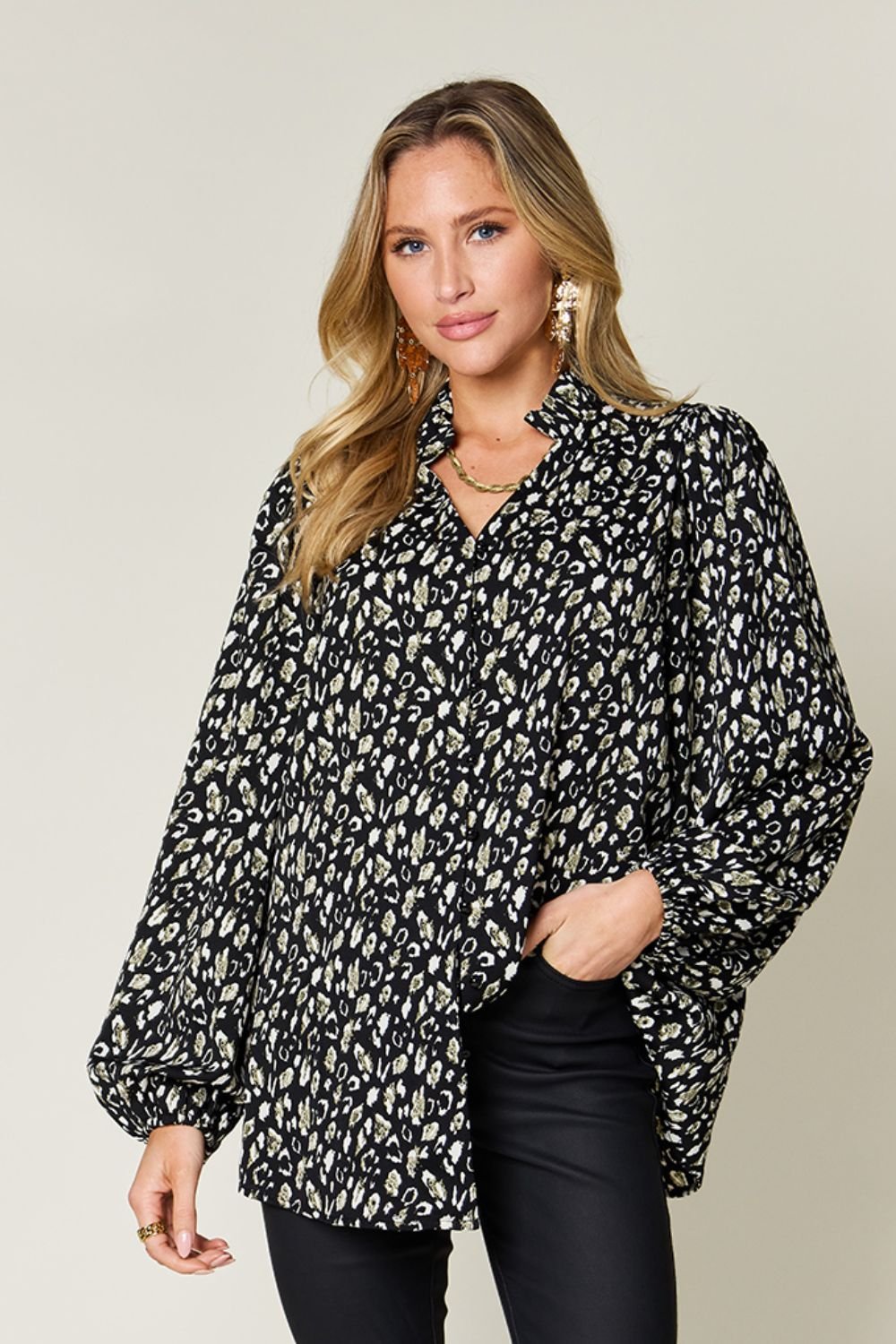 Double Take Full Size Leopard Long Sleeve Blouse - Jaazi Intl