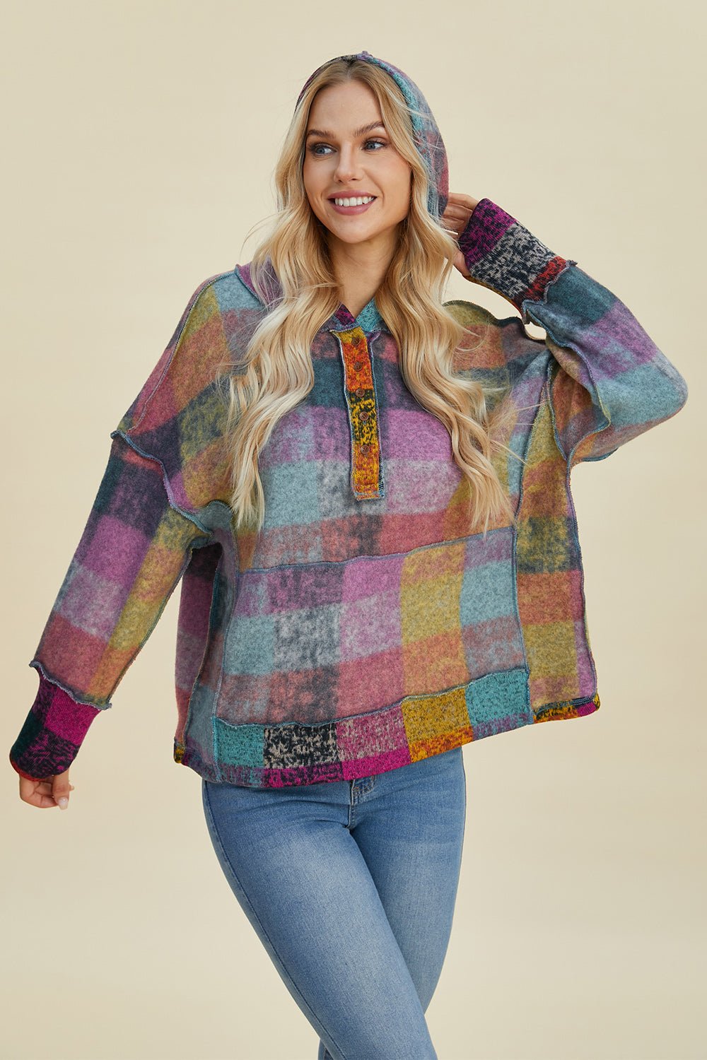 Double Take Full Size Plaid Dropped Shoulder Hoodie - Jaazi Intl