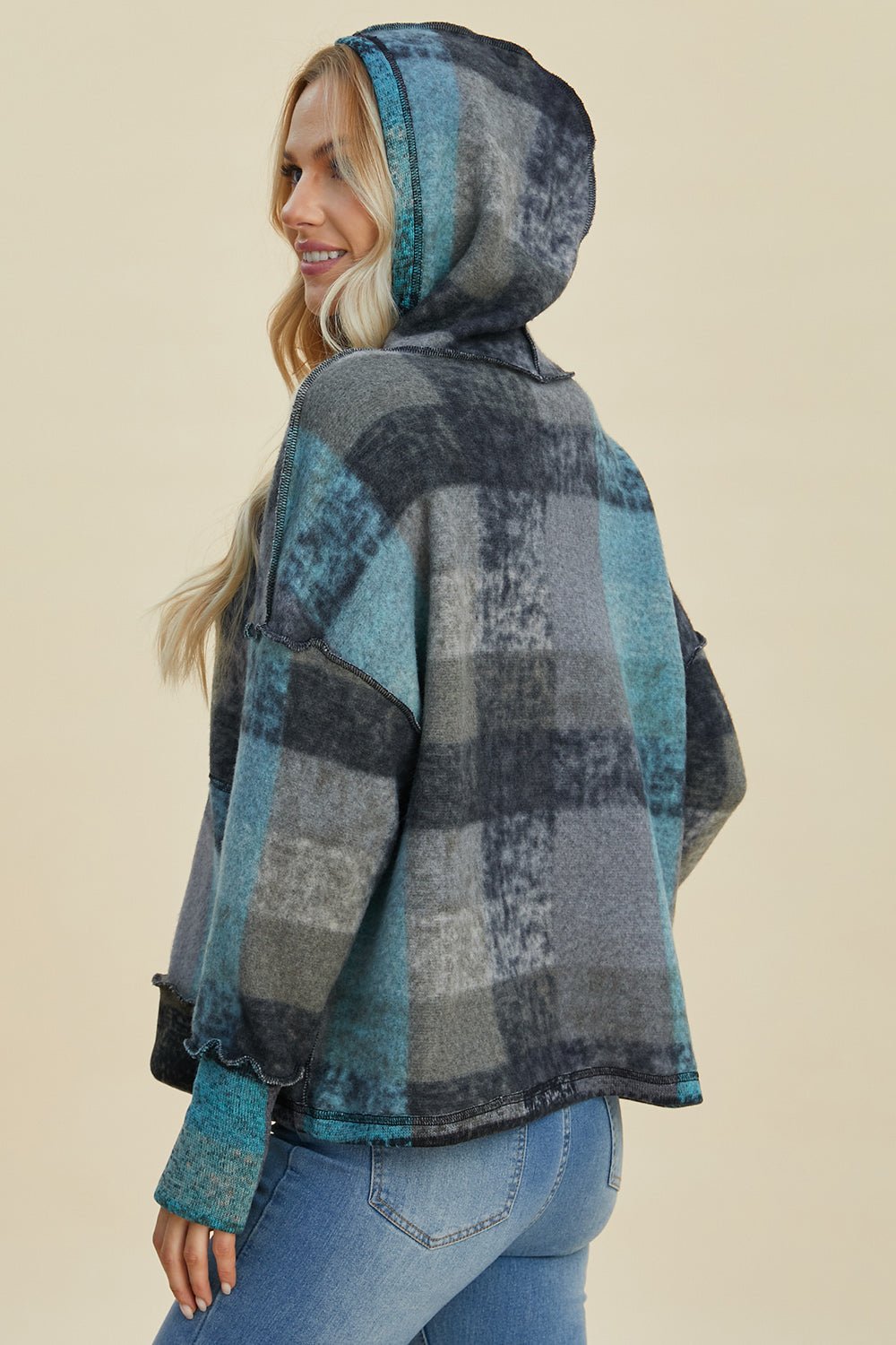 Double Take Full Size Plaid Dropped Shoulder Hoodie - Jaazi Intl