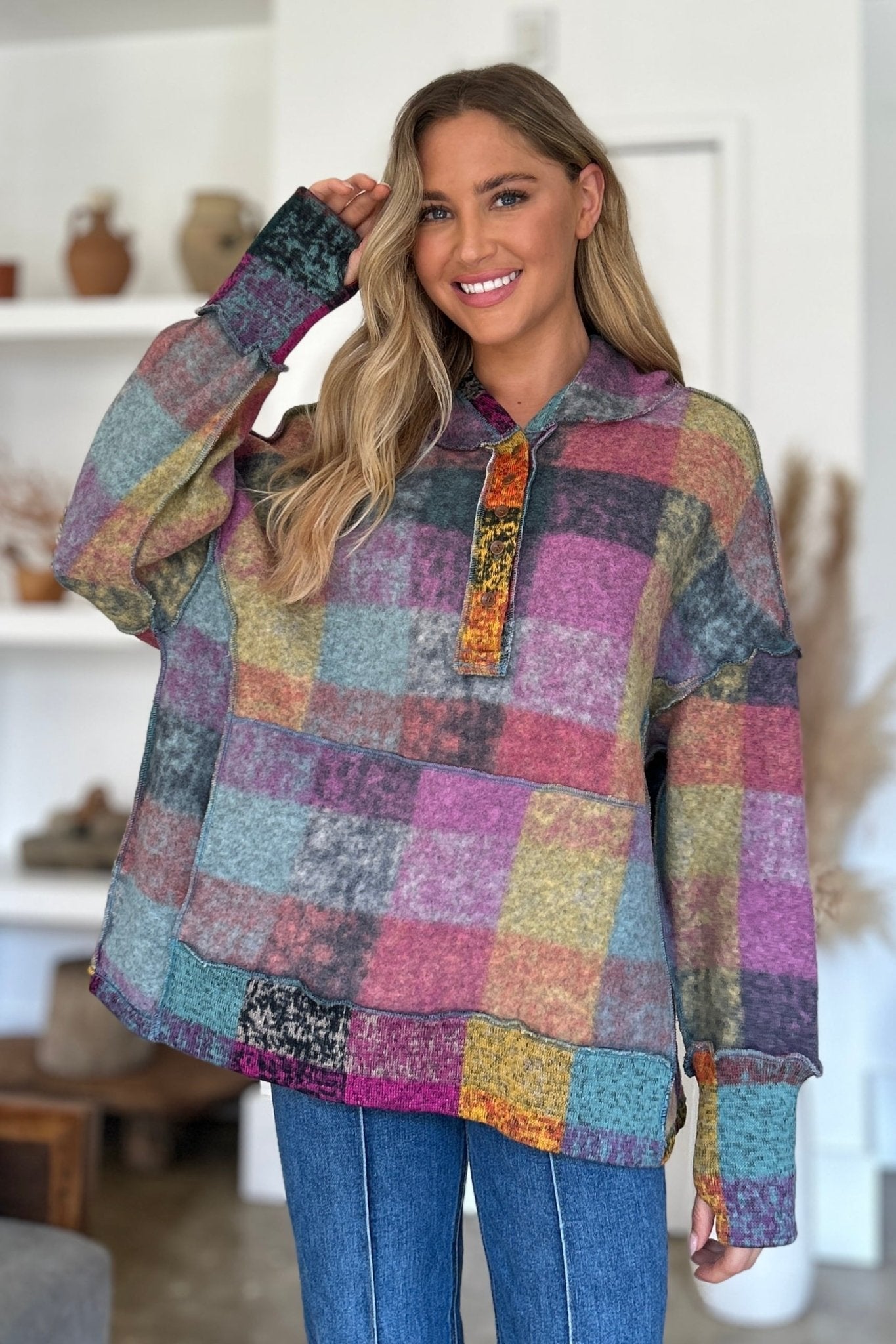 Double Take Full Size Plaid Dropped Shoulder Hoodie - Jaazi Intl