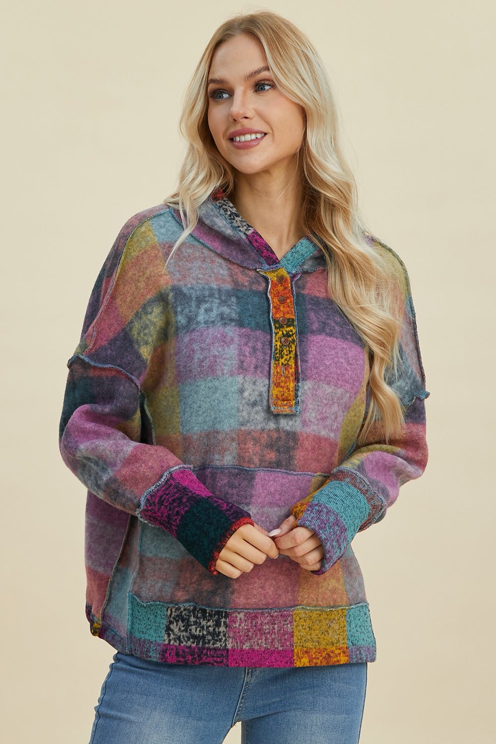 Double Take Full Size Plaid Dropped Shoulder Hoodie - Jaazi Intl