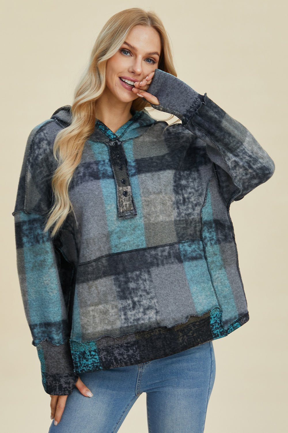 Double Take Full Size Plaid Dropped Shoulder Hoodie - Jaazi Intl