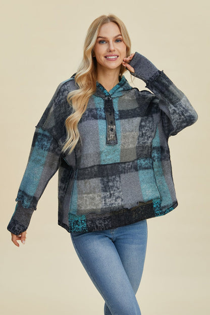 Double Take Full Size Plaid Dropped Shoulder Hoodie - Jaazi Intl