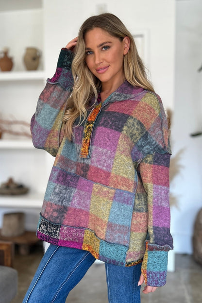 Double Take Full Size Plaid Dropped Shoulder Hoodie - Jaazi Intl