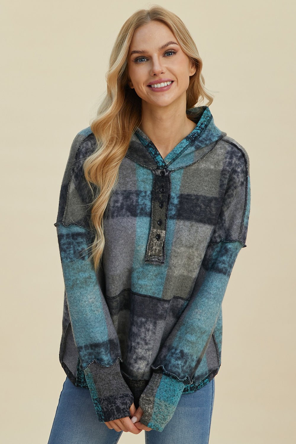 Double Take Full Size Plaid Dropped Shoulder Hoodie - Jaazi Intl