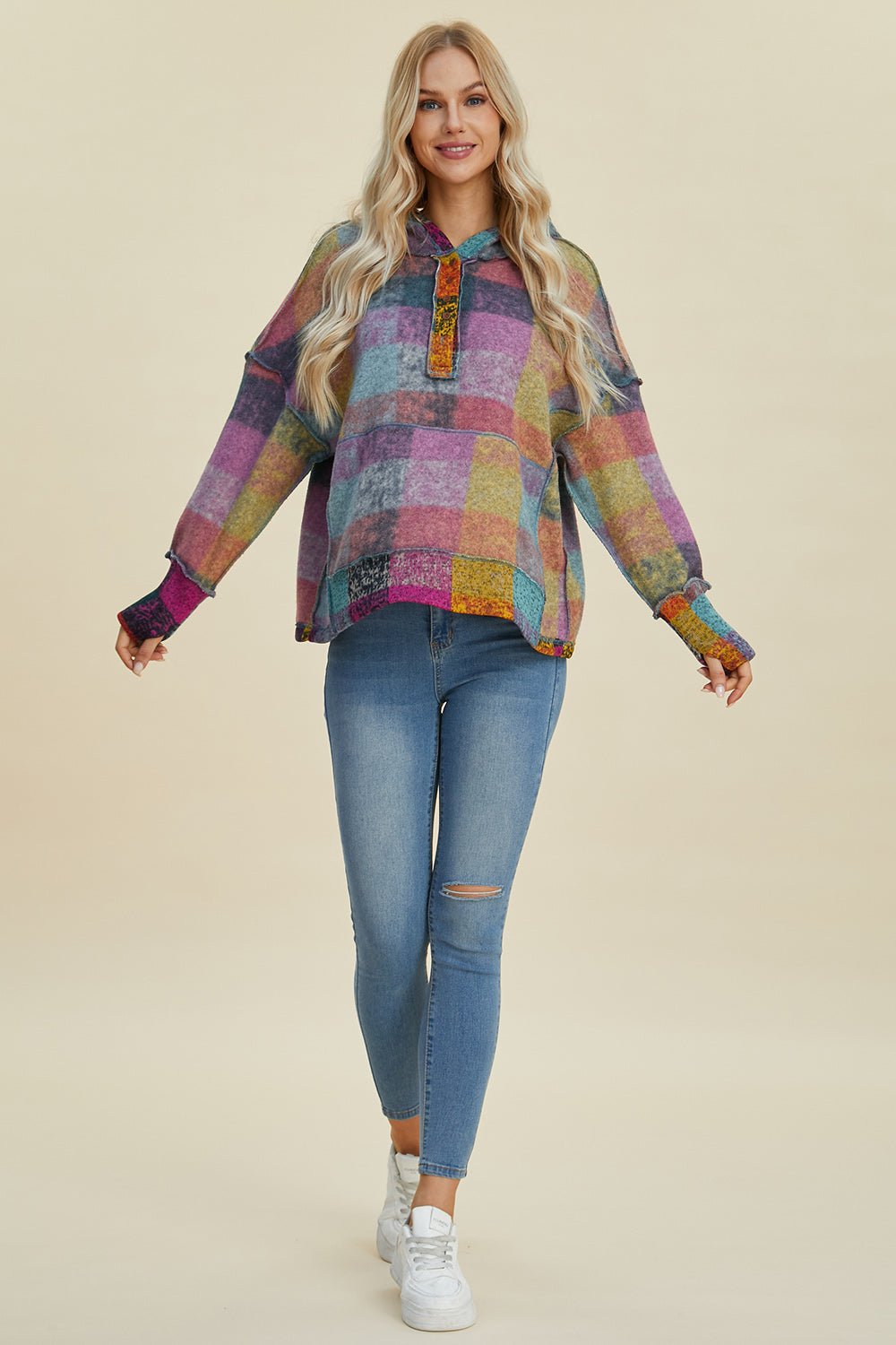 Double Take Full Size Plaid Dropped Shoulder Hoodie - Jaazi Intl