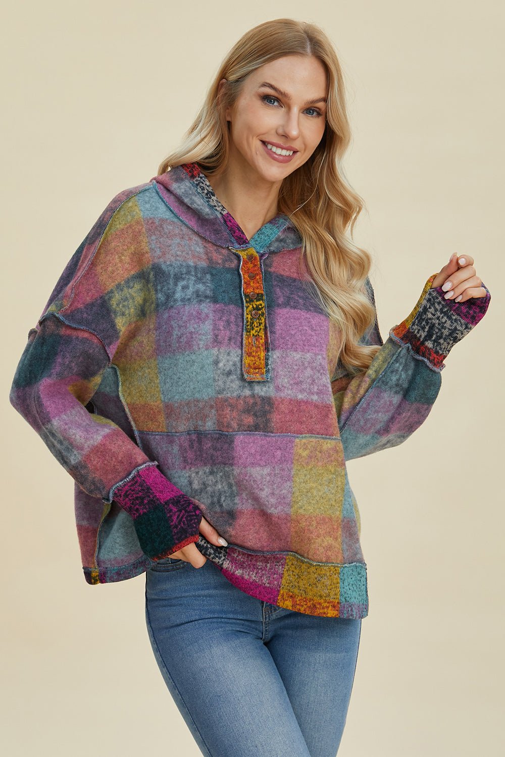 Double Take Full Size Plaid Dropped Shoulder Hoodie - Jaazi Intl