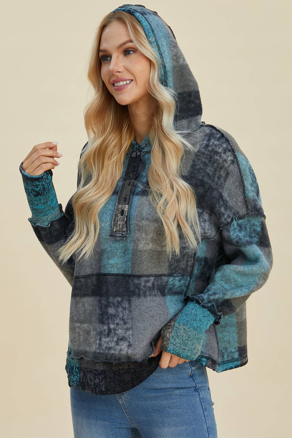 Double Take Full Size Plaid Dropped Shoulder Hoodie - Jaazi Intl