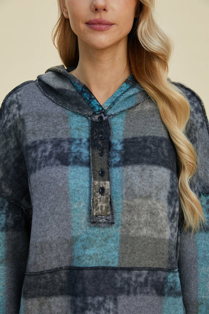 Double Take Full Size Plaid Dropped Shoulder Hoodie - Jaazi Intl