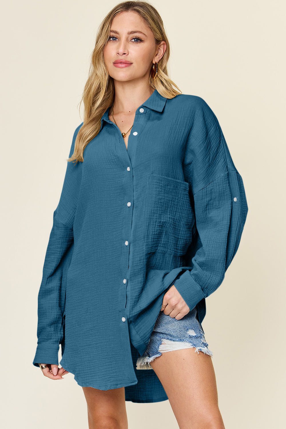 Double Take Full Size Pocketed Texture Button Up Shirt - Jaazi Intl