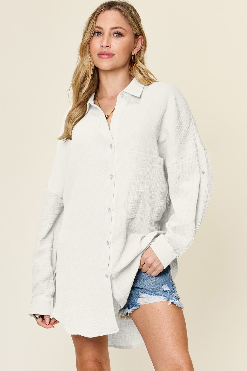 Double Take Full Size Pocketed Texture Button Up Shirt - Jaazi Intl