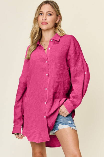 Double Take Full Size Pocketed Texture Button Up Shirt - Jaazi Intl