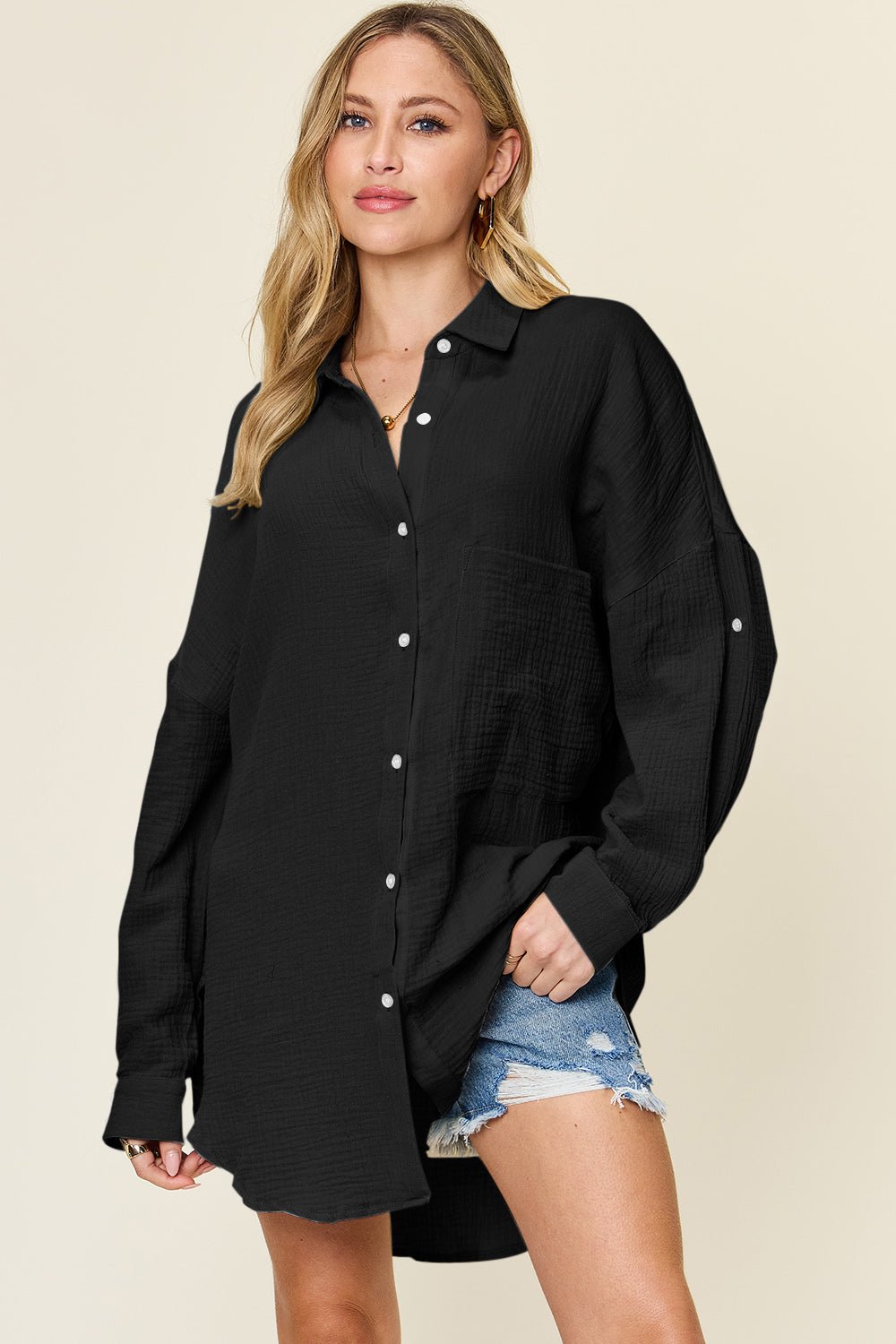 Double Take Full Size Pocketed Texture Button Up Shirt - Jaazi Intl