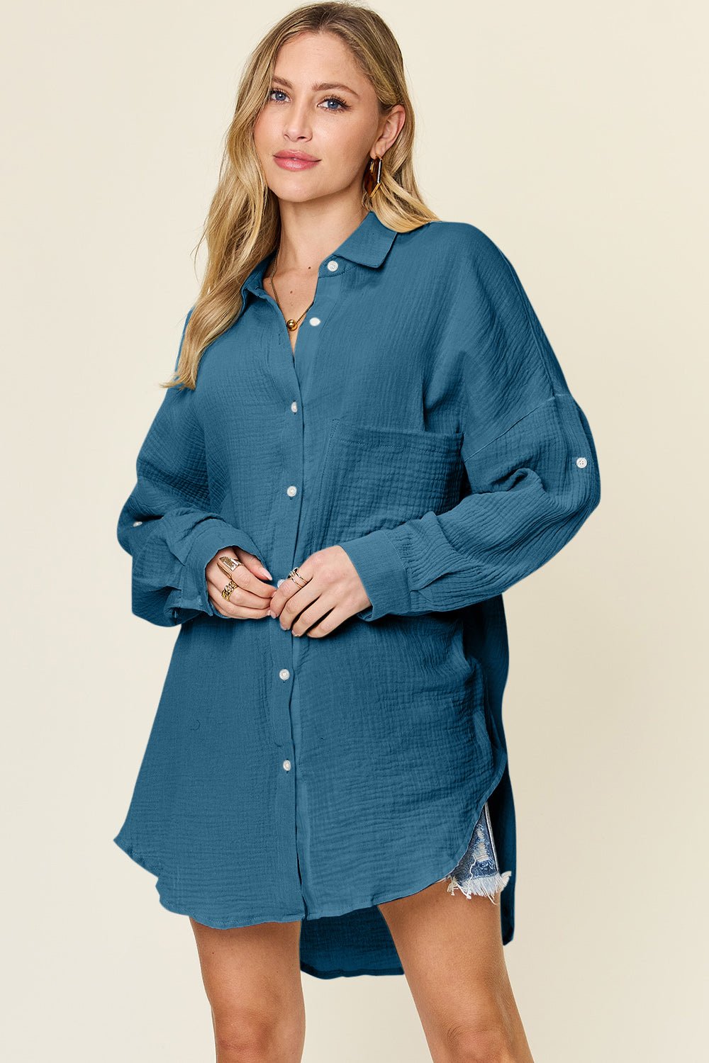 Double Take Full Size Pocketed Texture Button Up Shirt - Jaazi Intl