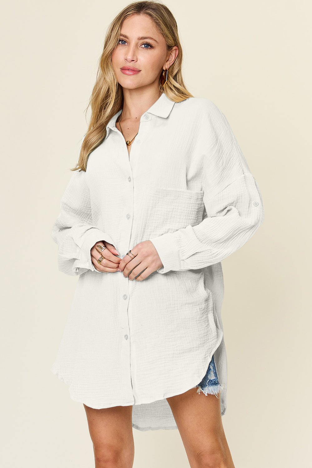 Double Take Full Size Pocketed Texture Button Up Shirt - Jaazi Intl