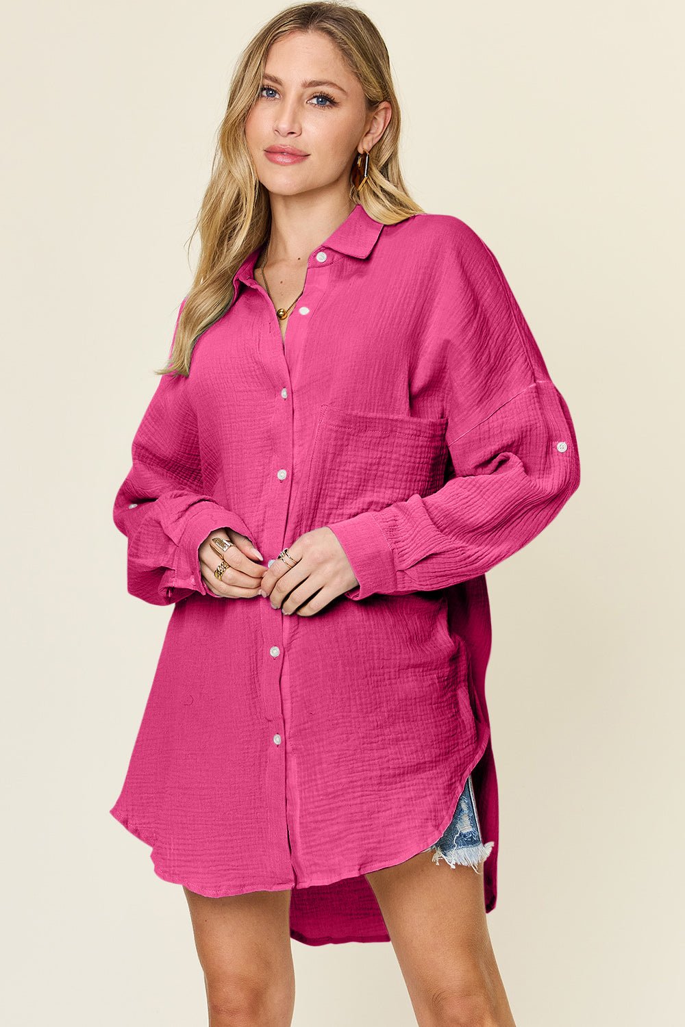 Double Take Full Size Pocketed Texture Button Up Shirt - Jaazi Intl