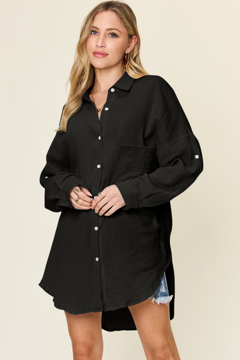 Double Take Full Size Pocketed Texture Button Up Shirt - Jaazi Intl