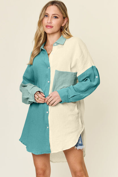 Double Take Full Size Pocketed Texture Button Up Shirt - Jaazi Intl