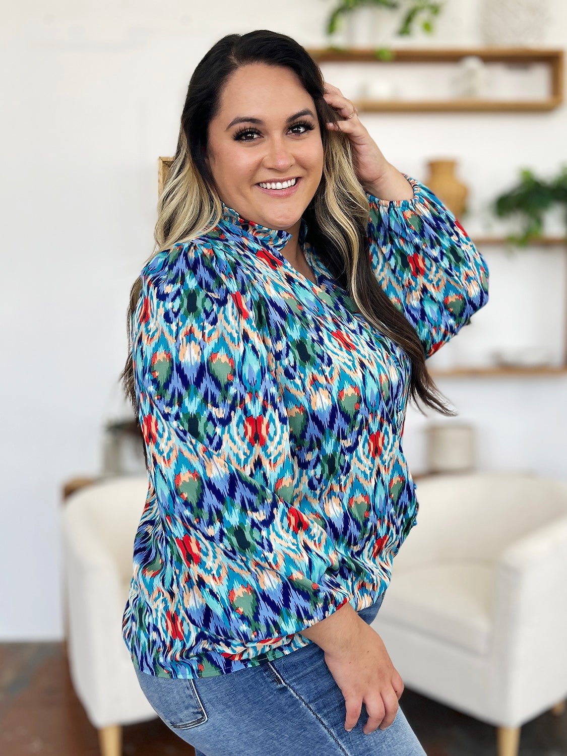 Double Take Full Size Printed Balloon Sleeve Blouse - Jaazi Intl