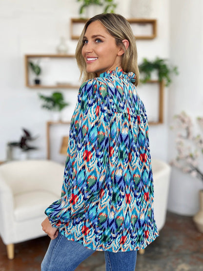 Double Take Full Size Printed Balloon Sleeve Blouse - Jaazi Intl