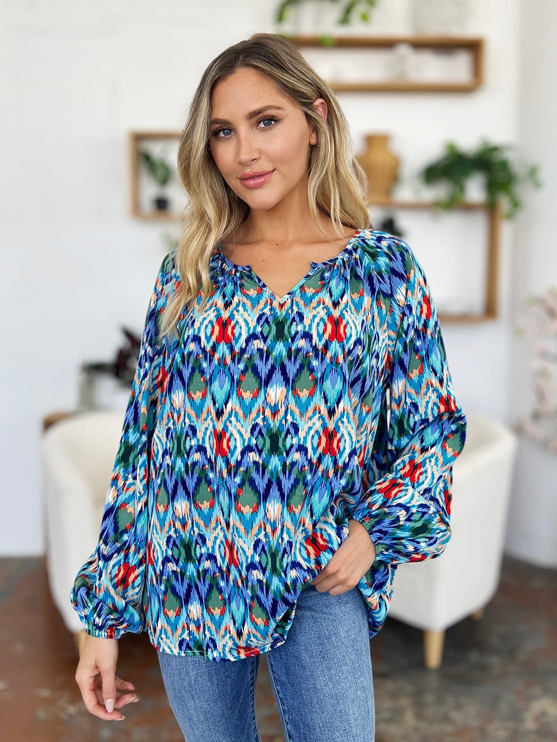 Double Take Full Size Printed Balloon Sleeve Blouse - Jaazi Intl