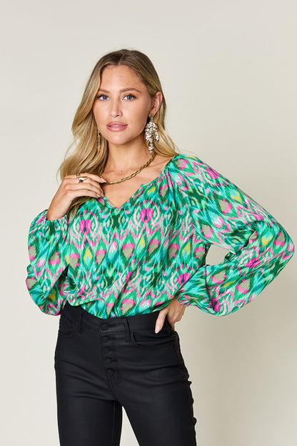 Double Take Full Size Printed Balloon Sleeve Blouse - Jaazi Intl