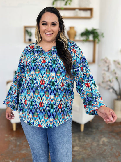 Double Take Full Size Printed Balloon Sleeve Blouse - Jaazi Intl