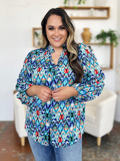 Double Take Full Size Printed Balloon Sleeve Blouse - Jaazi Intl