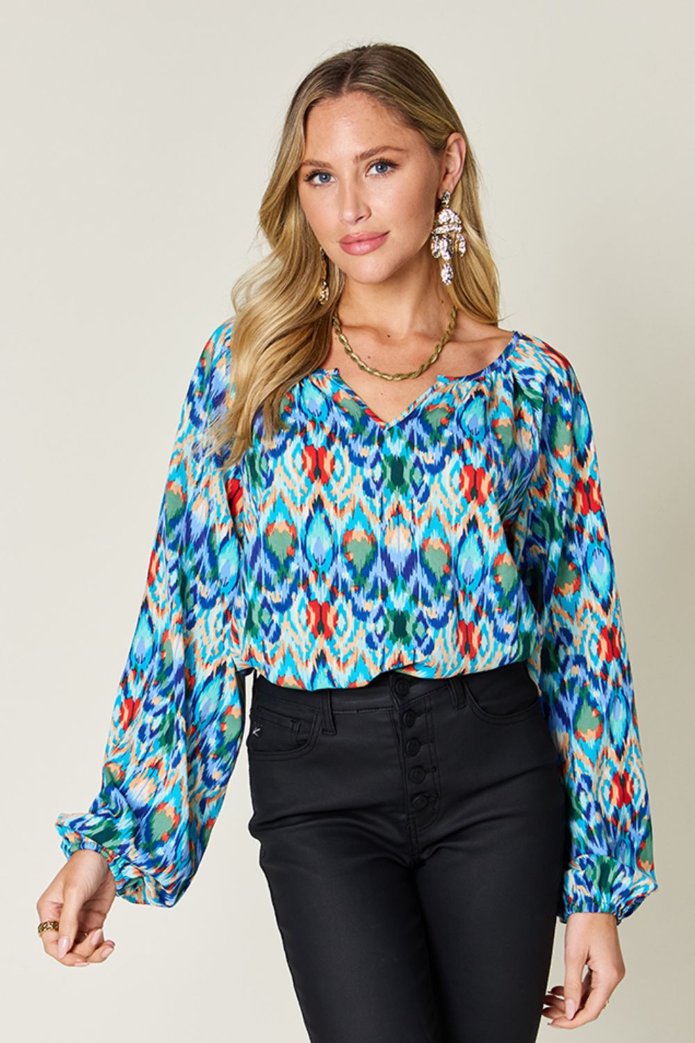 Double Take Full Size Printed Balloon Sleeve Blouse - Jaazi Intl