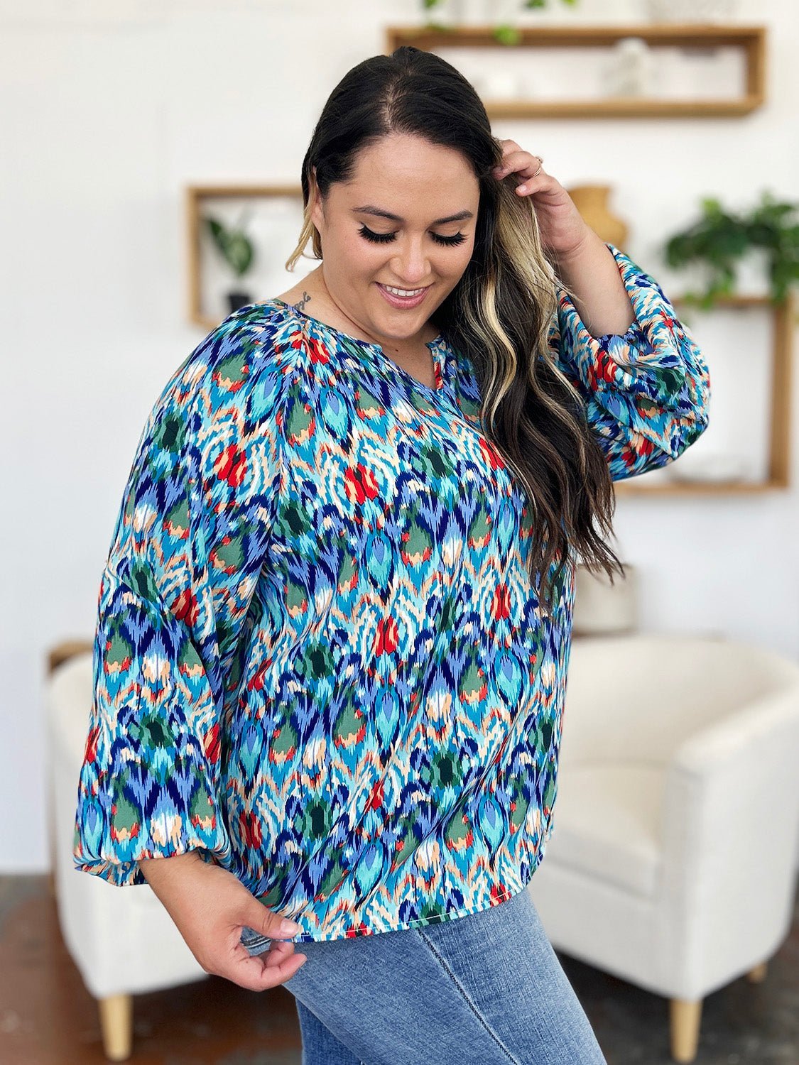 Double Take Full Size Printed Balloon Sleeve Blouse - Jaazi Intl