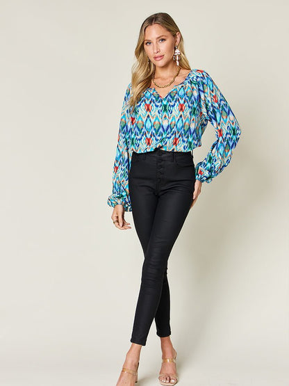 Double Take Full Size Printed Balloon Sleeve Blouse - Jaazi Intl