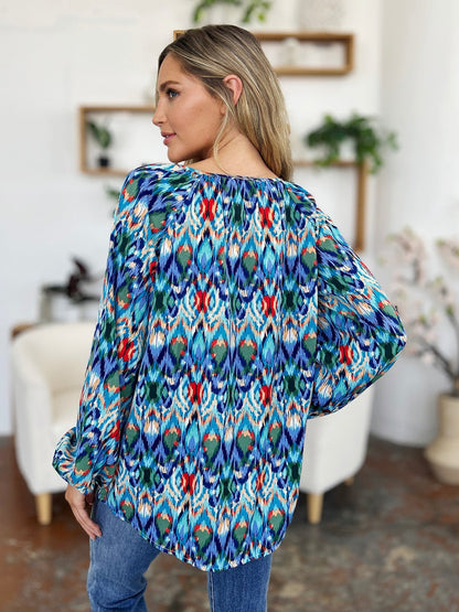 Double Take Full Size Printed Balloon Sleeve Blouse - Jaazi Intl