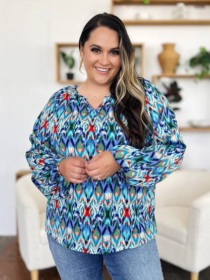 Double Take Full Size Printed Balloon Sleeve Blouse - Jaazi Intl