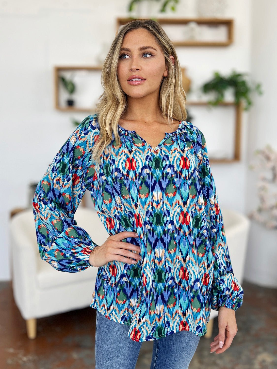 Double Take Full Size Printed Balloon Sleeve Blouse - Jaazi Intl