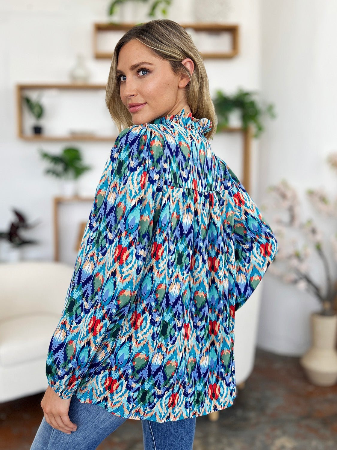 Double Take Full Size Printed Balloon Sleeve Blouse - Jaazi Intl