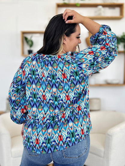 Double Take Full Size Printed Balloon Sleeve Blouse - Jaazi Intl