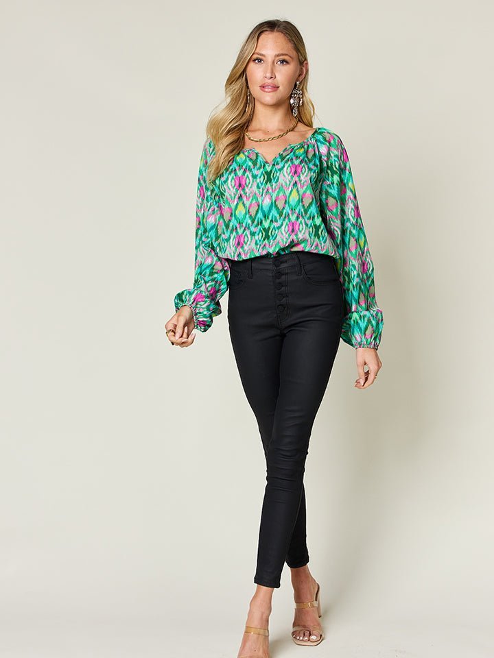 Double Take Full Size Printed Balloon Sleeve Blouse - Jaazi Intl