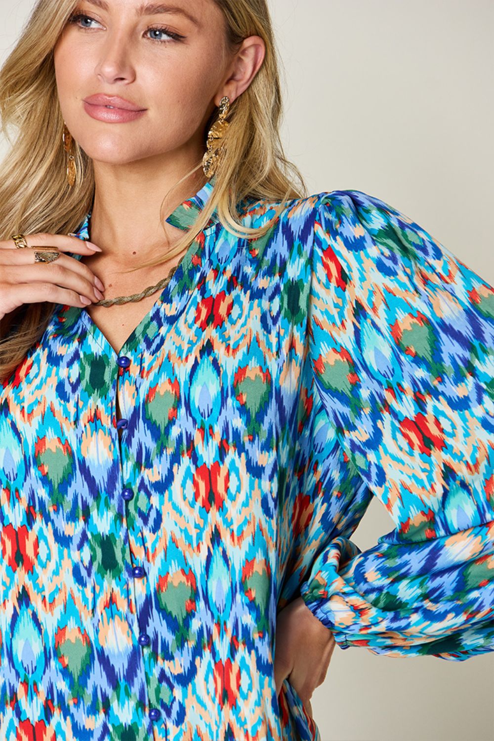 Double Take Full Size Printed Balloon Sleeve Blouse - Jaazi Intl