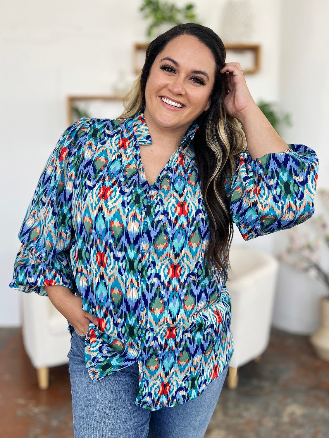 Double Take Full Size Printed Balloon Sleeve Blouse - Jaazi Intl