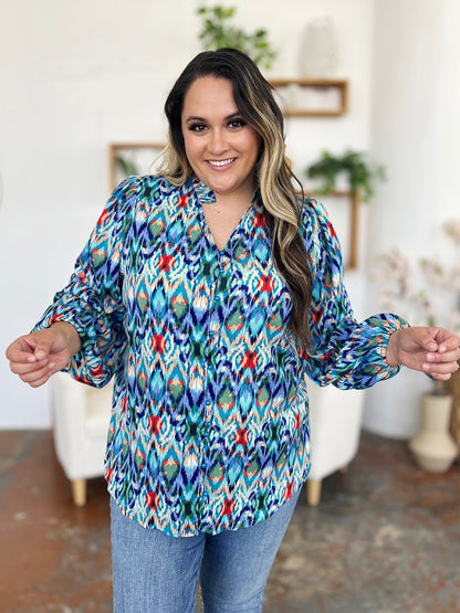 Double Take Full Size Printed Balloon Sleeve Blouse - Jaazi Intl