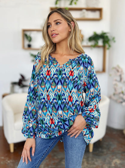 Double Take Full Size Printed Balloon Sleeve Blouse - Jaazi Intl