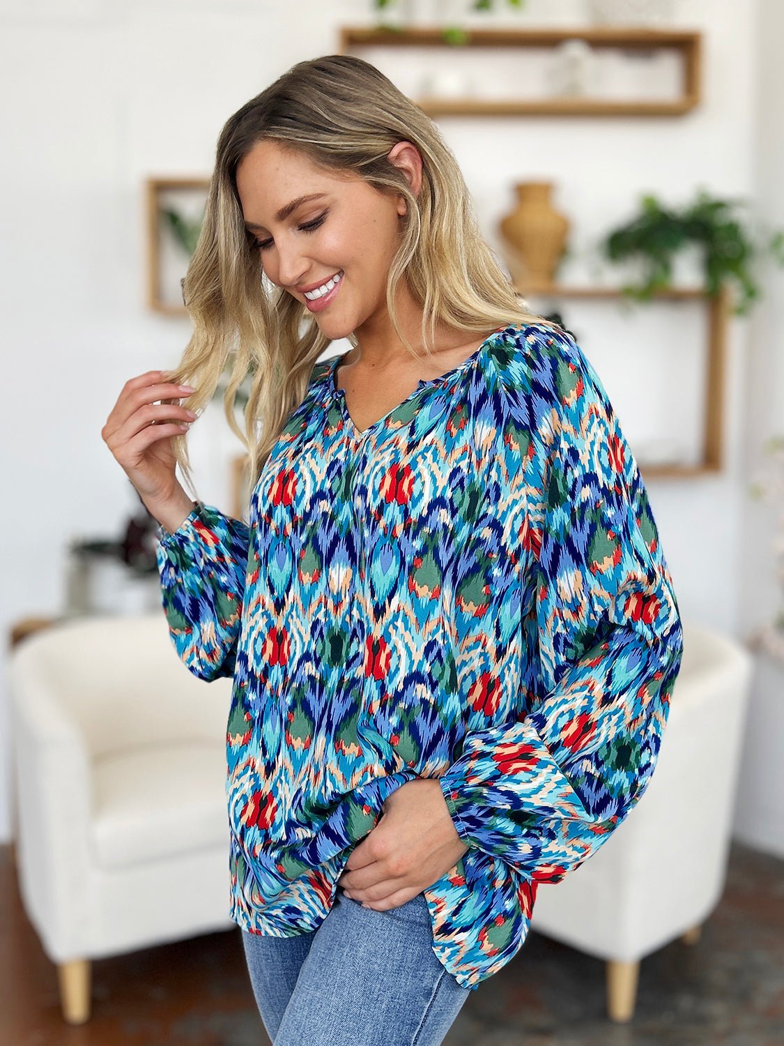 Double Take Full Size Printed Balloon Sleeve Blouse - Jaazi Intl