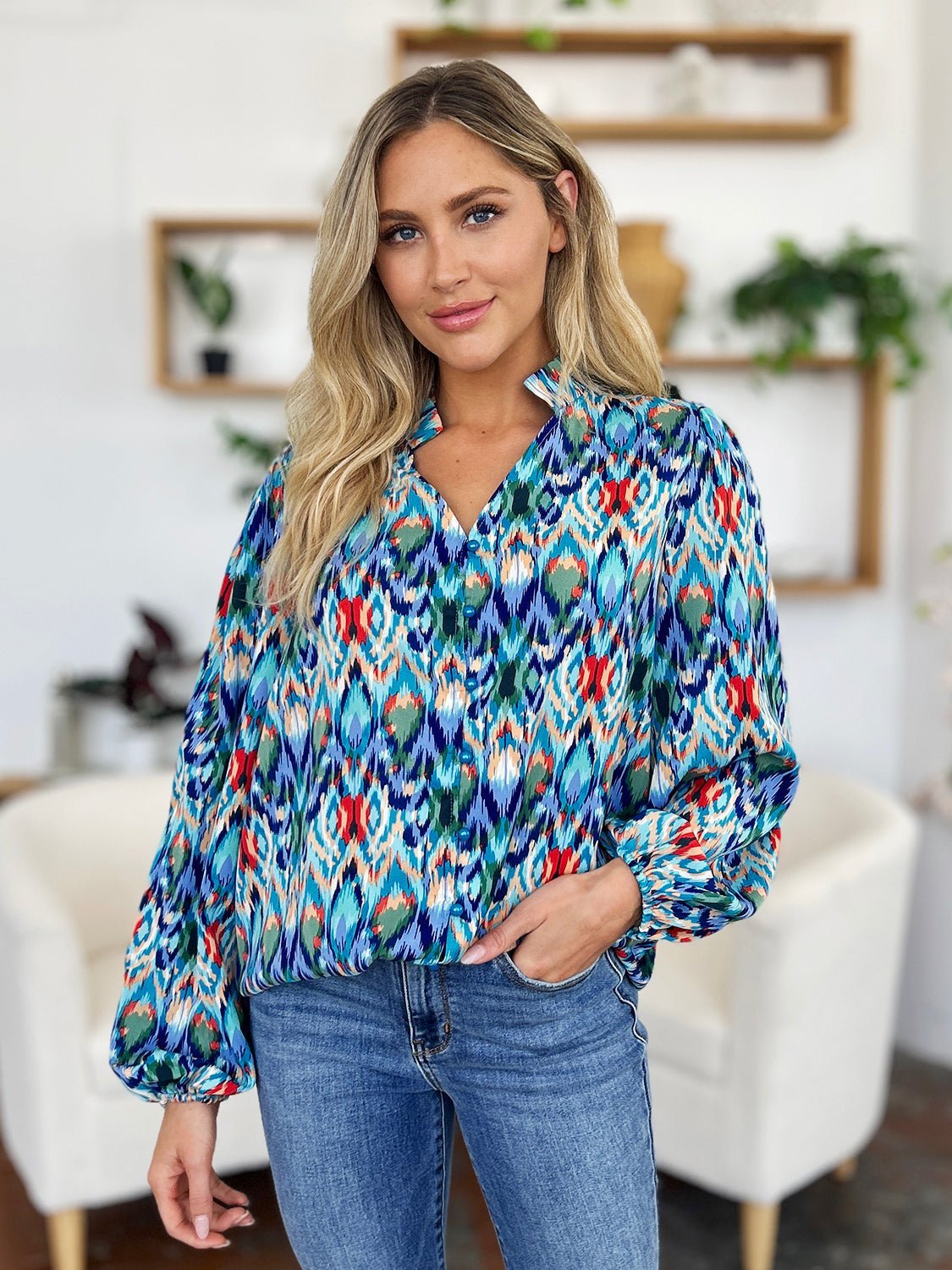 Double Take Full Size Printed Balloon Sleeve Blouse - Jaazi Intl