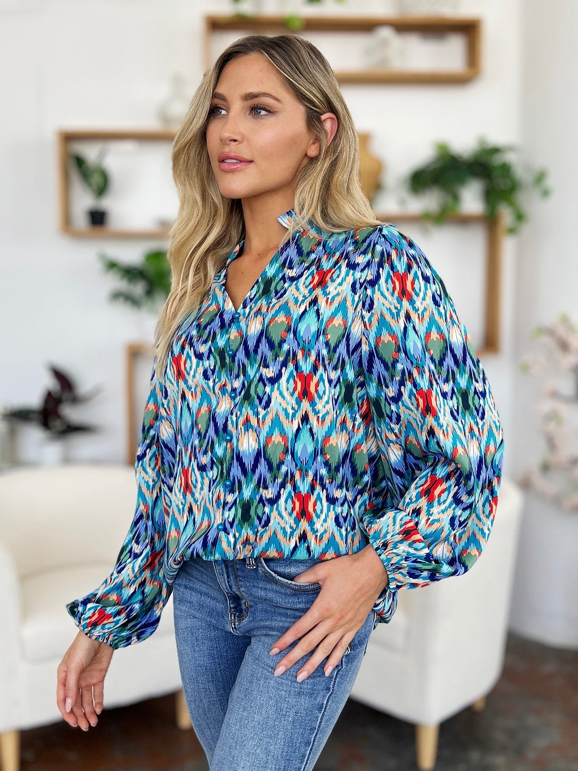 Double Take Full Size Printed Balloon Sleeve Blouse - Jaazi Intl